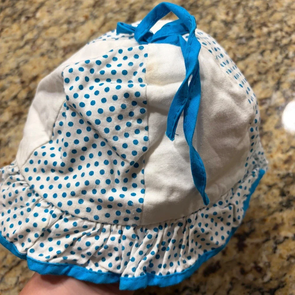Vintage 1993 Barney the Dinosaur Sun Hat Kids Blue Polka Dot Cotton Bucket Hat